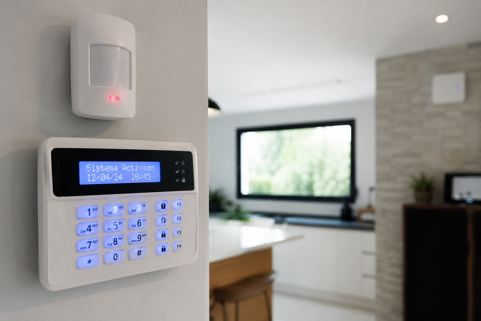 Sirena y sensor de alarma en pared
